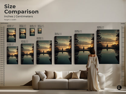 Size Comparison of Zen Mountain Landscape prints. See how various sizes fit above a couch. This yoga meditation artwork enhances your living room decor. Find the perfect scale for your spiritual nature art. Choose canvas or poster prints to match your Scandinavian aesthetic.