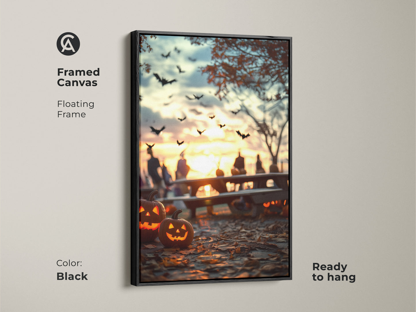 Framed canvas of Halloween jack o lantern art. The floating frame is black. Spooky bats fly against an autumn sunset. Ready to hang. This canvas artwork brings spooky charm. An ideal gift for those who love eclectic gothic style artwork. Perfect for Halloween decor.