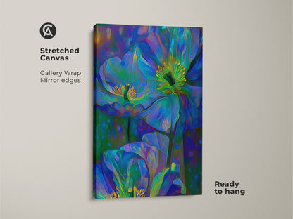 Stretched canvas showcasing abstract blue floral artwork with teal green accents. A bohemian wall art piece ideal for bedroom decor. This nature-inspired impressionistic flower painting is ready to hang. Gallery-wrapped with mirror edges it provides a vibrant touch to any living room.