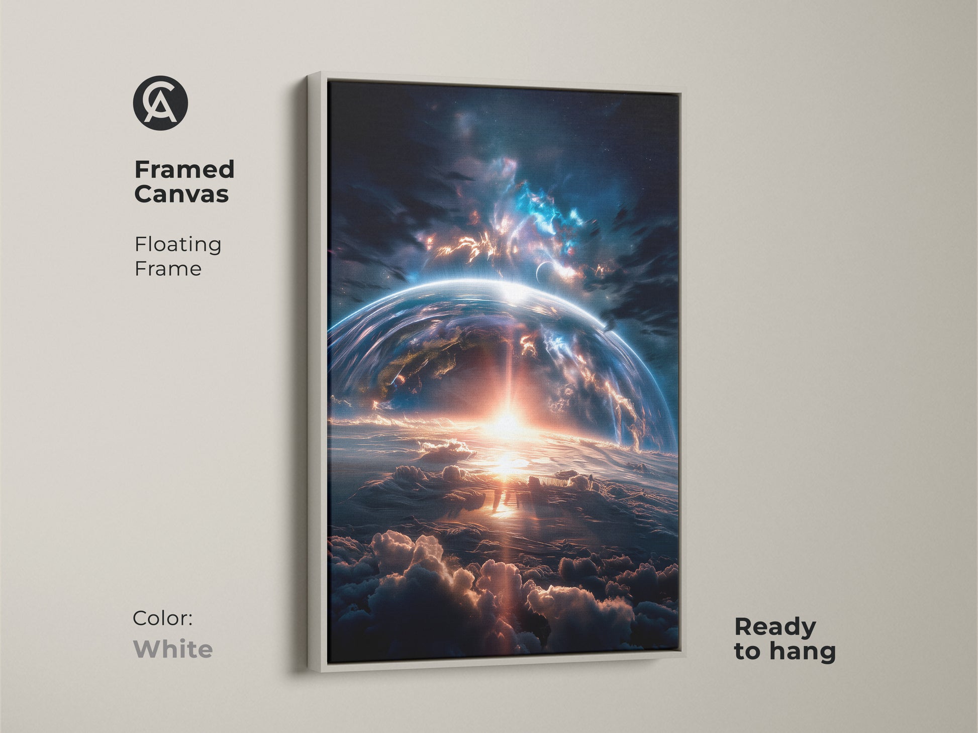 Framed canvas artwork of an earthrise with a white floating frame. This ready-to-hang piece offers a clean modern aesthetic. The cosmic artwork captures a breathtaking view. Perfect for living room or office decor. Add a celestial touch to your home.