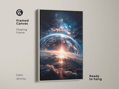 Framed canvas artwork of an earthrise with a white floating frame. This ready-to-hang piece offers a clean modern aesthetic. The cosmic artwork captures a breathtaking view. Perfect for living room or office decor. Add a celestial touch to your home.