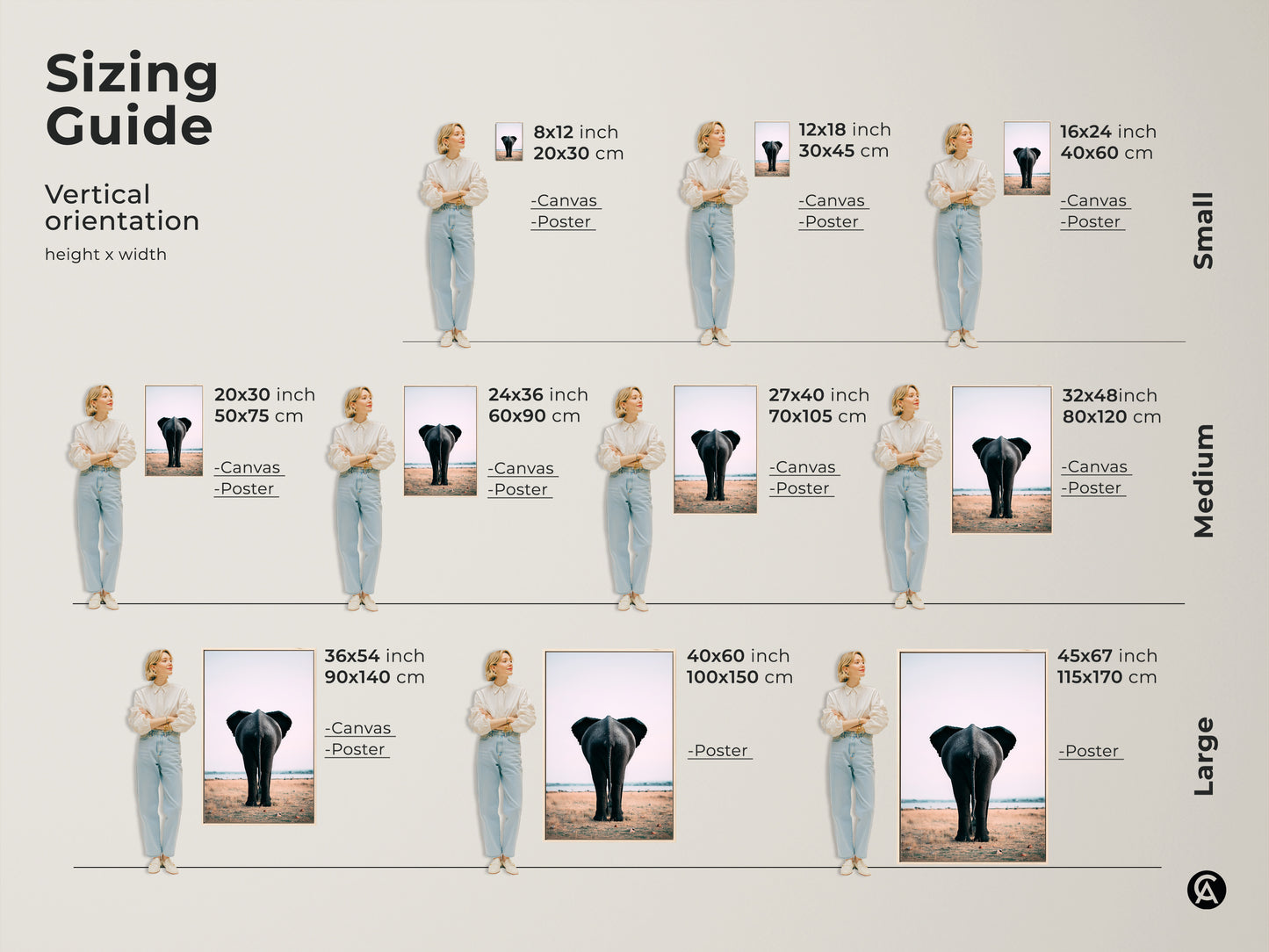 Sizing guide for wildlife canvas art featuring an elephant butt print. Visualize vertical orientation options in small medium and large sizes. See how the photorealistic animal wall art fits in various room settings. Find the perfect size to enhance your home decor with this contemporary safari artwork. Choose canvas or poster prints.