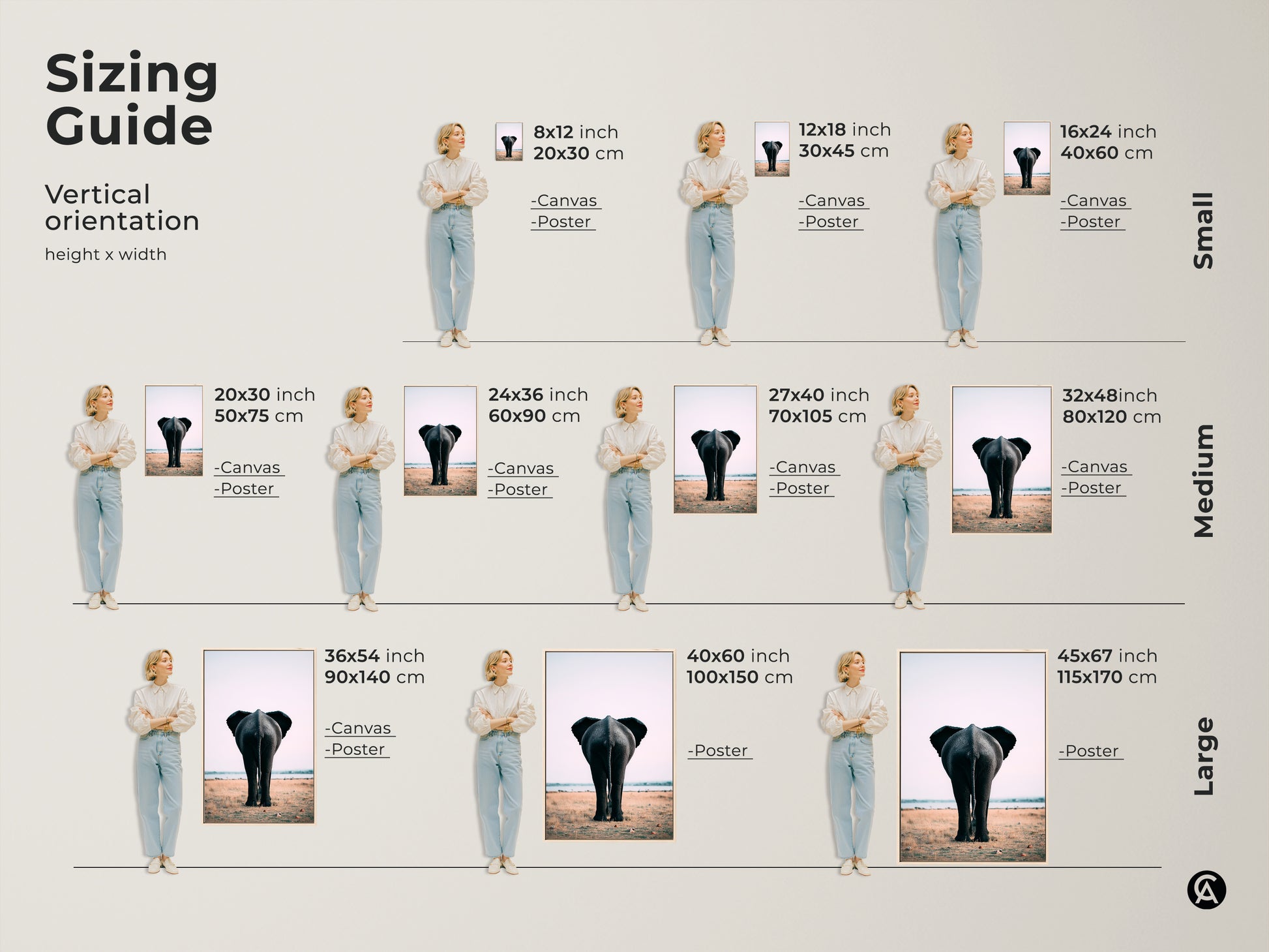 Sizing guide for wildlife canvas art featuring an elephant butt print. Visualize vertical orientation options in small medium and large sizes. See how the photorealistic animal wall art fits in various room settings. Find the perfect size to enhance your home decor with this contemporary safari artwork. Choose canvas or poster prints.