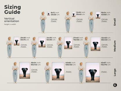 Sizing guide for wildlife canvas art featuring an elephant butt print. Visualize vertical orientation options in small medium and large sizes. See how the photorealistic animal wall art fits in various room settings. Find the perfect size to enhance your home decor with this contemporary safari artwork. Choose canvas or poster prints.