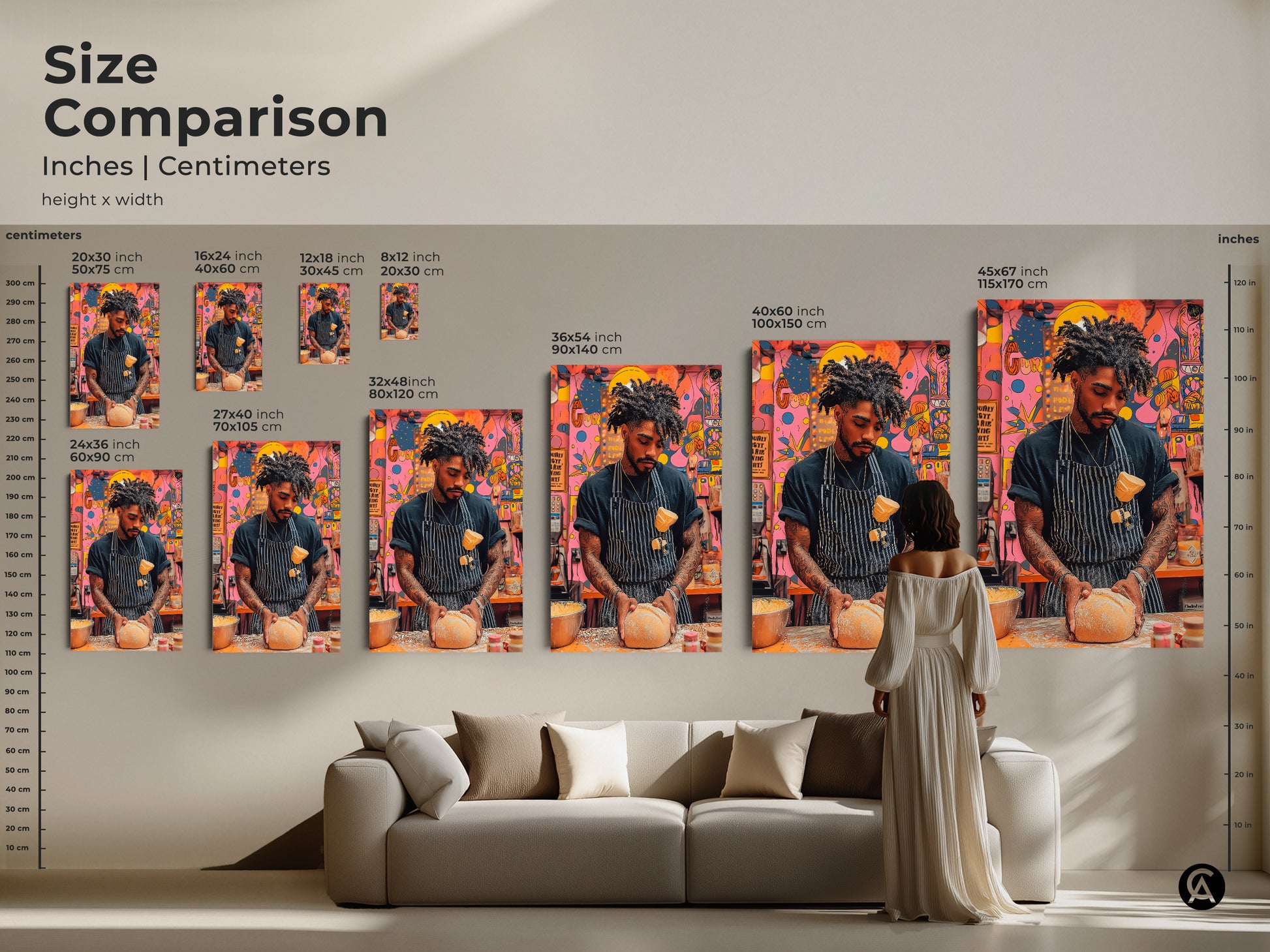 This size comparison image shows various dimensions in inches and centimeters. The contemporary pop art baker artwork is available in different sizes. Envision it above a sofa to find your perfect art scale for your kitchen. This piece makes a great housewarming gift.