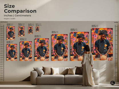 This size comparison image shows various dimensions in inches and centimeters. The contemporary pop art baker artwork is available in different sizes. Envision it above a sofa to find your perfect art scale for your kitchen. This piece makes a great housewarming gift.