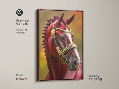 Framed canvas of a traditional horse artwork portrait in a floating brown frame. The artwork features a rich maroon and gold bridle. Ready to hang it's a regal equestrian animal art for traditional home decor. Ideal gift for horse enthusiasts.