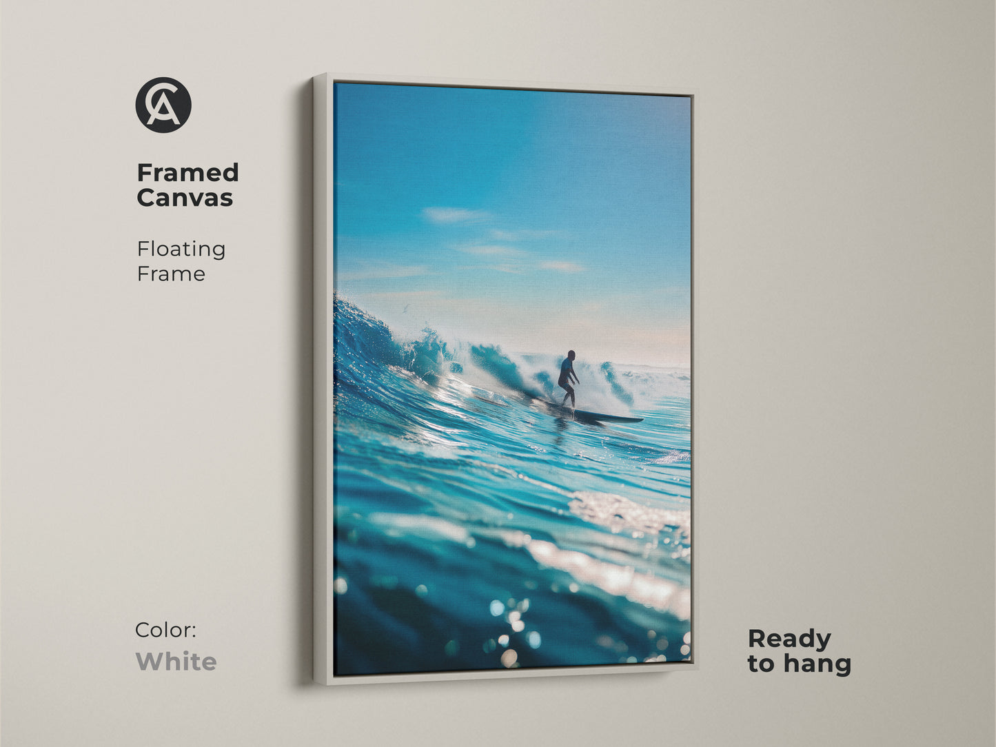 A framed canvas artwork showcases a surfer riding a magnificent blue wave. The white floating frame offers a clean and modern look. Ready to hang this print brings the energy of the ocean indoors. An excellent addition to any surf art collection.