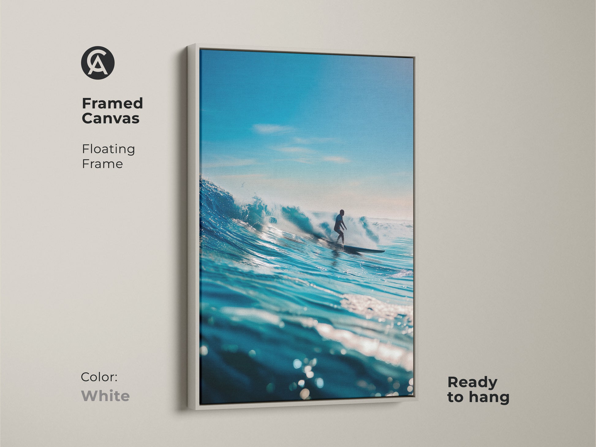 A framed canvas artwork showcases a surfer riding a magnificent blue wave. The white floating frame offers a clean and modern look. Ready to hang this print brings the energy of the ocean indoors. An excellent addition to any surf art collection.