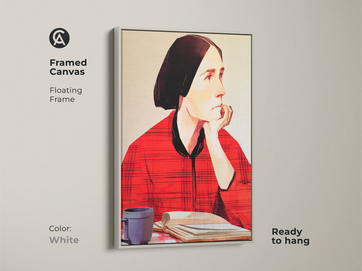 Framed canvas with a white floating frame showing an expressive woman reading. This folk art portrait includes a coffee cup and book. A perfect wall hanging for an eclectic study room. Ready to hang and adds a unique touch to your home decor.