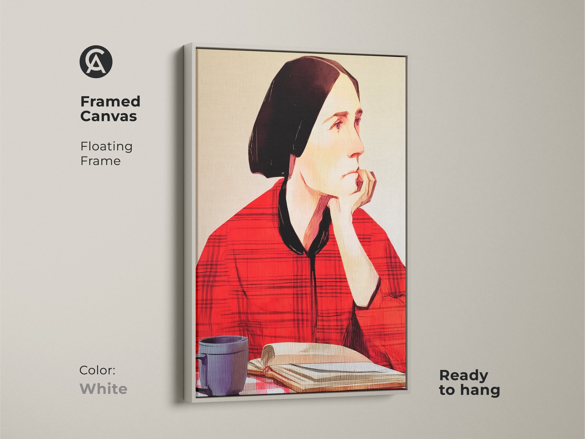 Framed canvas with a white floating frame showing an expressive woman reading. This folk art portrait includes a coffee cup and book. A perfect wall hanging for an eclectic study room. Ready to hang and adds a unique touch to your home decor.