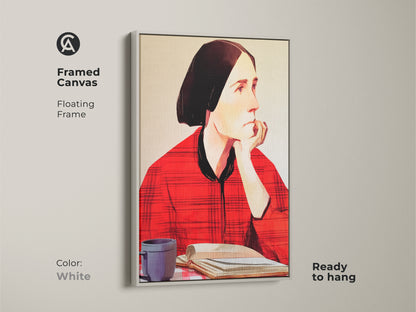 Framed canvas with a white floating frame showing an expressive woman reading. This folk art portrait includes a coffee cup and book. A perfect wall hanging for an eclectic study room. Ready to hang and adds a unique touch to your home decor.