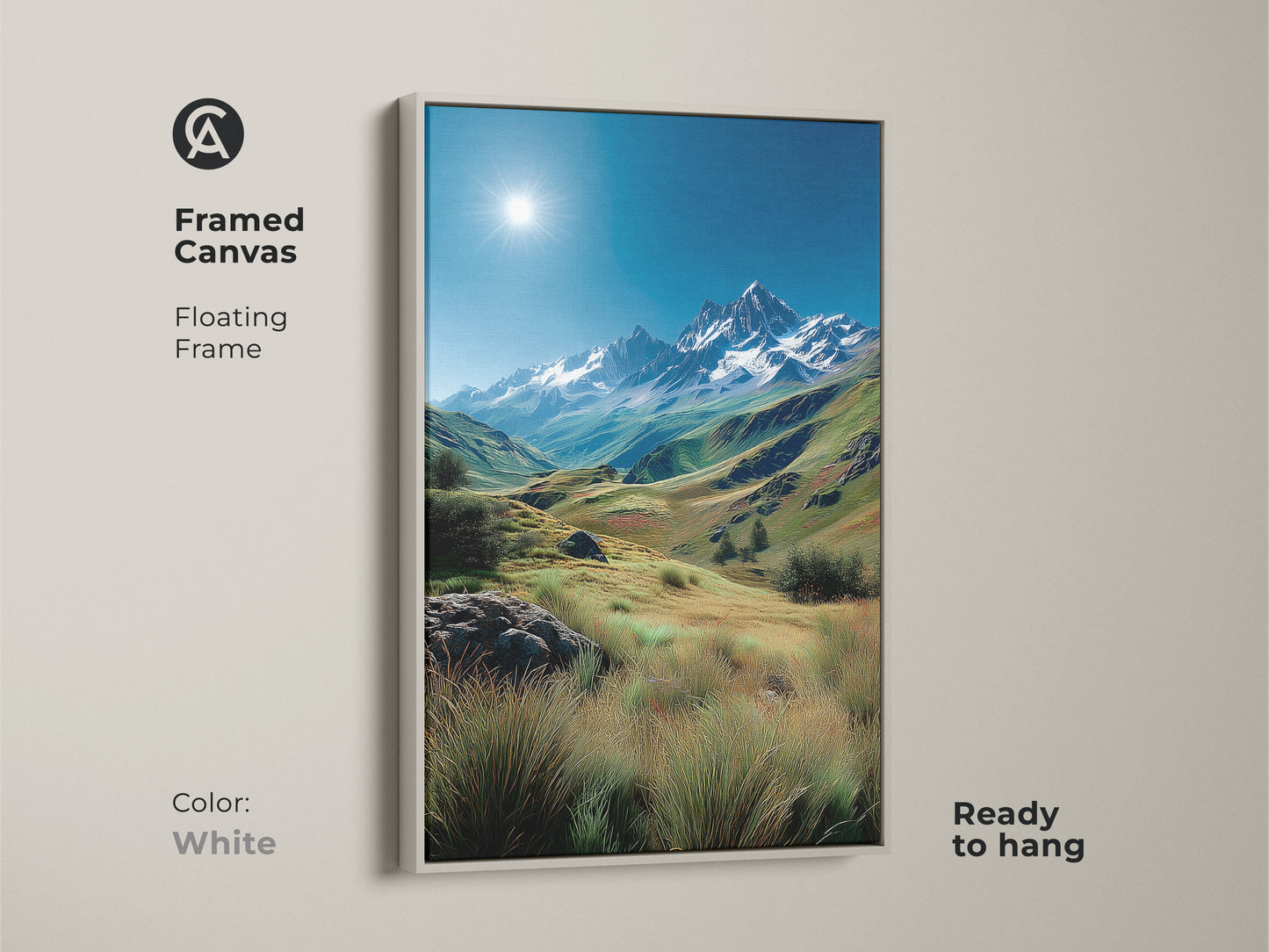 Framed canvas art capturing a mountain landscape with a white floating frame. This ready-to-hang artwork provides a clean modern look. The bright frame accentuates the vivid colors of the mountain scene. Perfect for contemporary spaces.