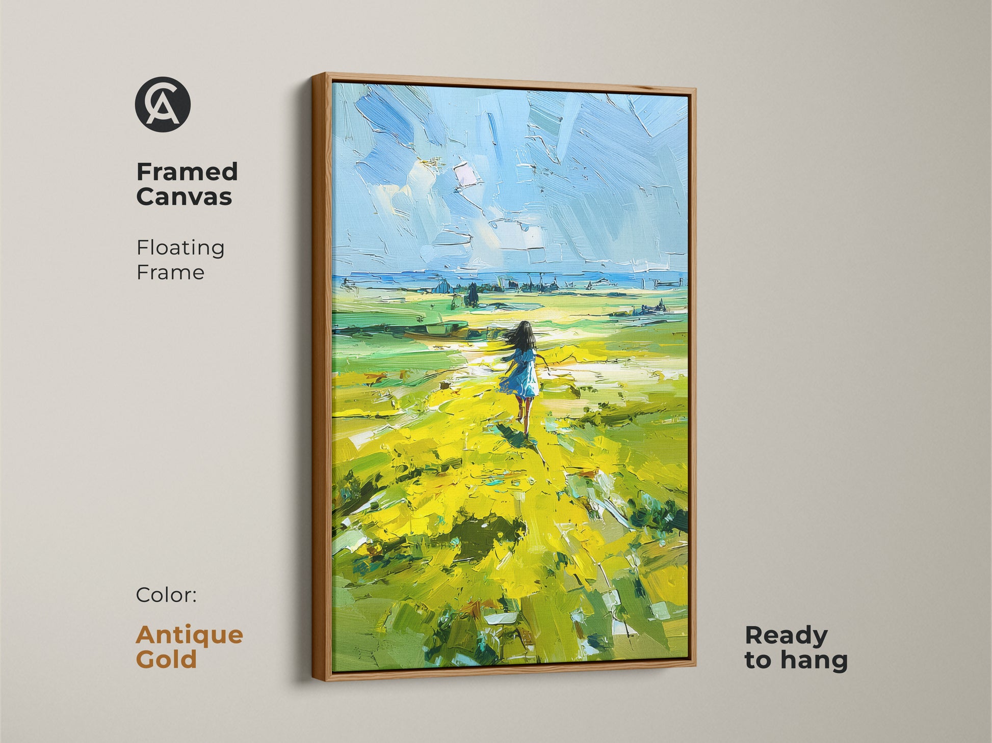 Antique Gold Framed Canvas of a Girl in Yellow Field. This impressionism landscape artwork is perfect for adding a touch of elegance to any room. The floating frame highlights the vibrant meadow print. It is ready to hang and brings a sense of freedom. A thoughtful piece of art for bedroom decor.