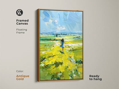 Antique Gold Framed Canvas of a Girl in Yellow Field. This impressionism landscape artwork is perfect for adding a touch of elegance to any room. The floating frame highlights the vibrant meadow print. It is ready to hang and brings a sense of freedom. A thoughtful piece of art for bedroom decor.