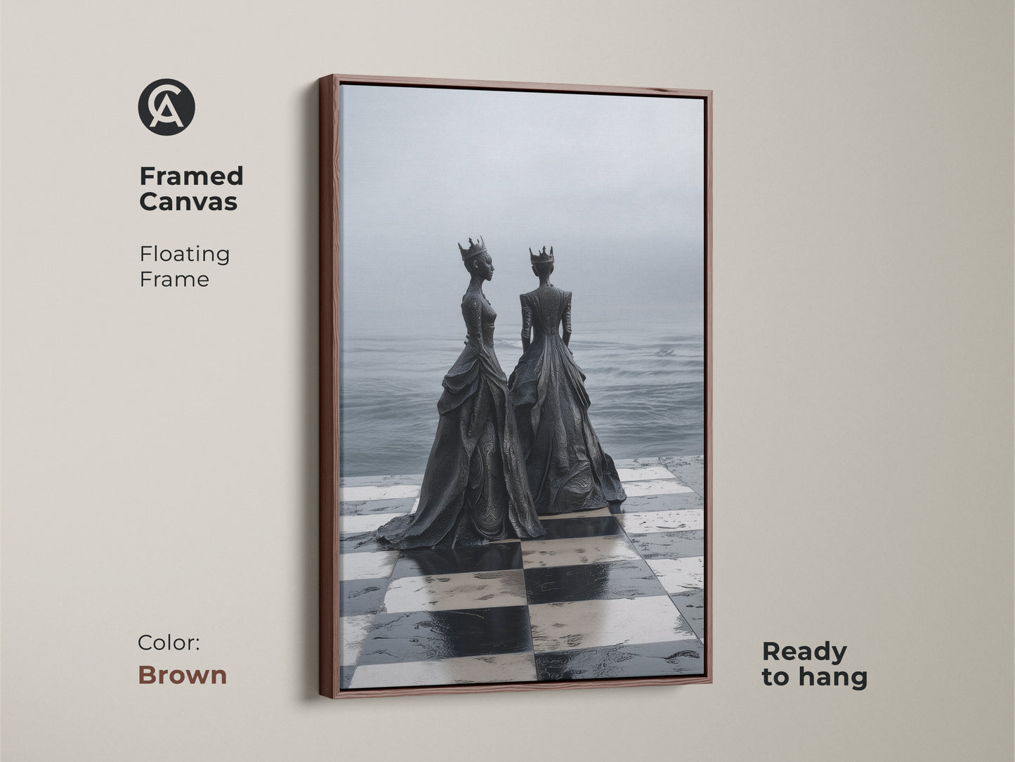 Framed Canvas Print of a surreal monochrome chess queen artwork with a brown floating frame. This black and white chess art is great royalty themed art print for a sophisticated living room.