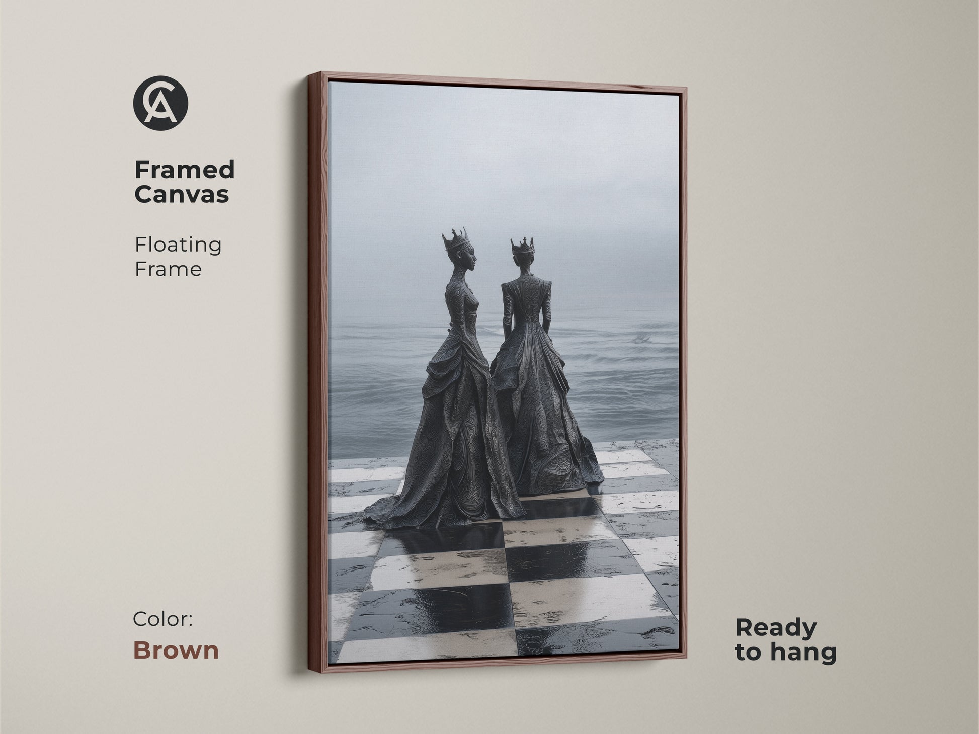 Framed Canvas Print of a surreal monochrome chess queen artwork with a brown floating frame. This black and white chess art is great royalty themed art print for a sophisticated living room.