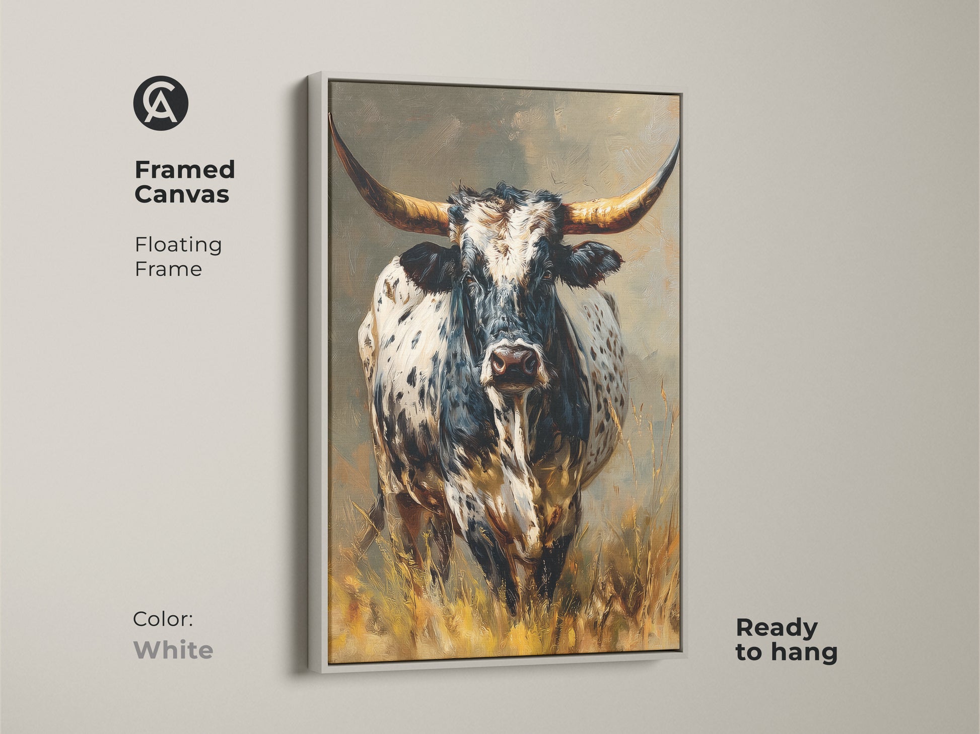 Framed canvas featuring Longhorn Bull artwork. The white floating frame enhances the black and white animal artwork. It's ready to hang. This rustic western wall decor complements any space. Perfect for farmhouse homes. It adds a cowboy touch. An ideal gift for wildlife and western art collectors. The textured animal artwork stands out.