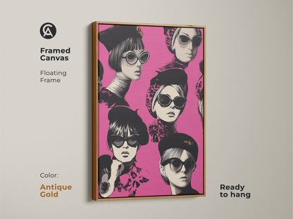 Framed canvas art showcasing a retro pop art portrait of a woman in sunglasses. The antique gold floating frame enhances the artwork's vintage charm. This eclectic wall decor is ready to hang. Ideal as a gift for fashionistas who appreciate unique Parisian chic art. Bold colors make a statement.
