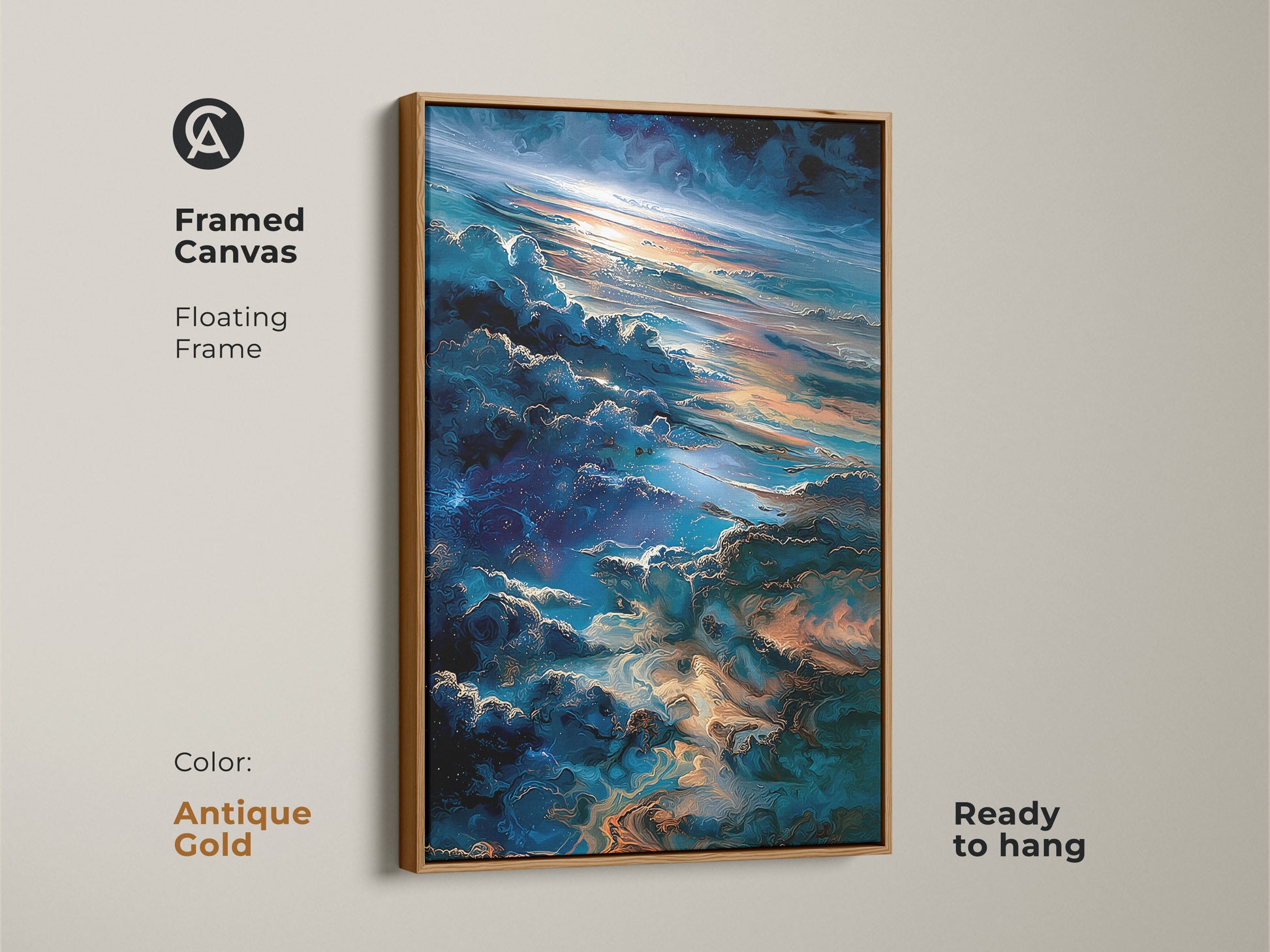 Framed canvas featuring a floating frame in antique gold. The ready-to-hang artwork presents a celestial skyscape. The clouds display shimmering blue and gold. Enhance your home decor with this elegant framed artwork.