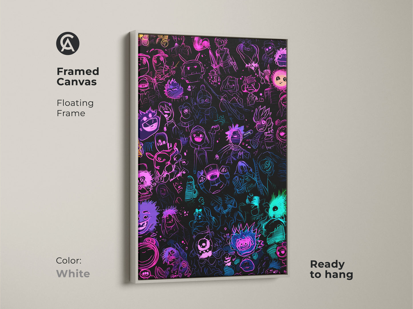 Neon cartoon character art in a white framed canvas. This artwork features a floating frame. It is ready to hang and will add a clean touch to your decor. The neon colors create a visually stunning effect. This is a must-have for any cartoon fan