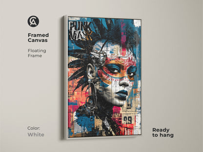 Framed canvas featuring a punk mask graffiti portrait with a white floating frame. The urban street art canvas showcases an abstract face artwork in blue black and red. This ready to hang eclectic decor is ideal for music lovers. The alternative art print brings a bold edgy vibe to any space.