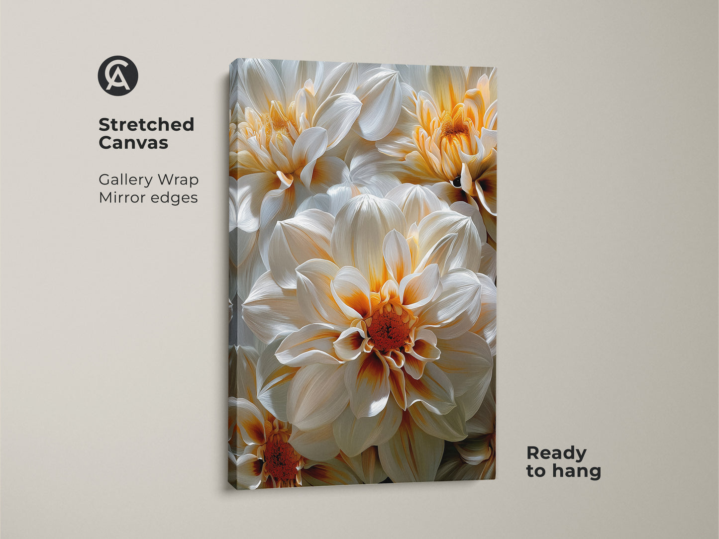 Stretched canvas print featuring a detailed floral artwork. Gallery wrapped with mirrored edges for a seamless look. Ready to hang floral canvas art. Ideal for adding a touch of nature to your home decor.