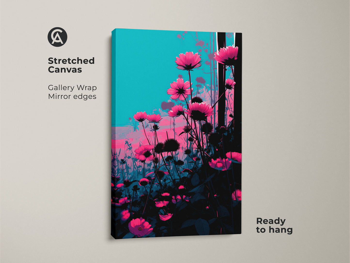 Stretched canvas of teal botanical art. This modern graphic flower decor features pink cosmos on a vibrant teal background. It's a ready-to-hang gallery wrap ideal for a bedroom. This is a nature-inspired piece.