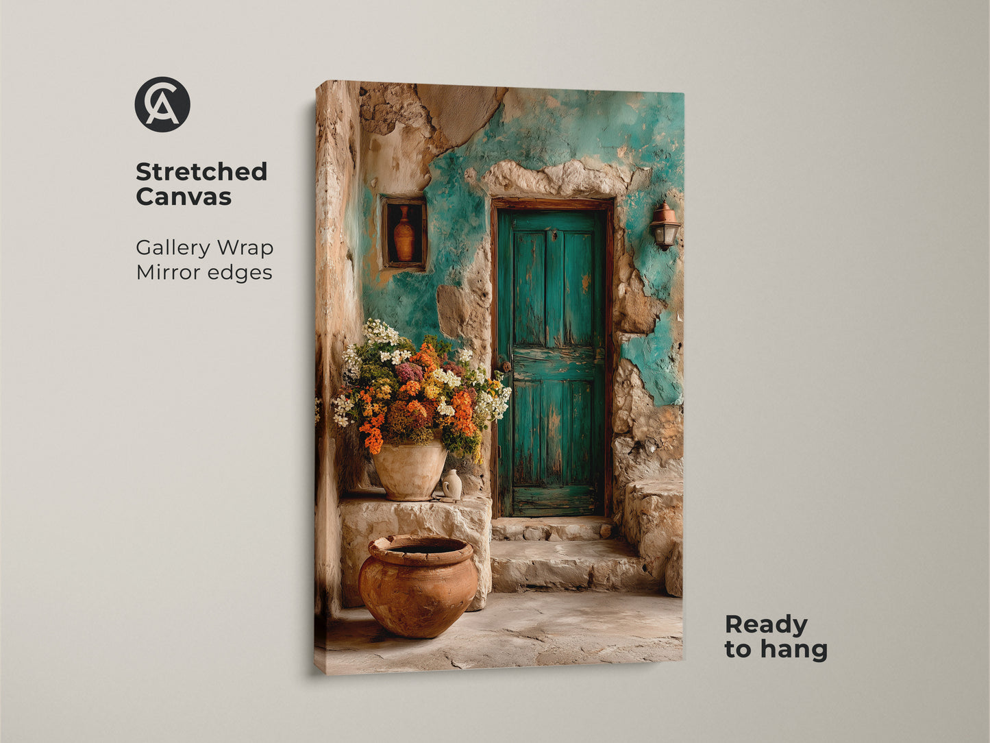 Stretched canvas art showcasing a rustic teal door scene. The gallery wrap with mirrored edges enhances the Mediterranean floral artwork. Perfect travel lovers gift print ready to hang. Green and brown botanical art adds old world charm to your home decor.
