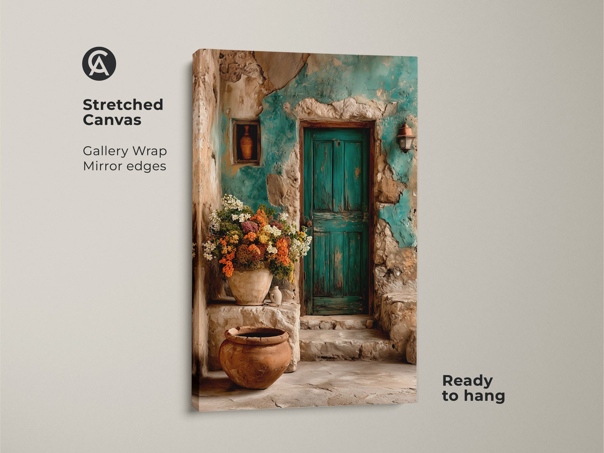 Stretched canvas art showcasing a rustic teal door scene. The gallery wrap with mirrored edges enhances the Mediterranean floral artwork. Perfect travel lovers gift print ready to hang. Green and brown botanical art adds old world charm to your home decor.