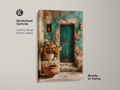 Stretched canvas art showcasing a rustic teal door scene. The gallery wrap with mirrored edges enhances the Mediterranean floral artwork. Perfect travel lovers gift print ready to hang. Green and brown botanical art adds old world charm to your home decor.