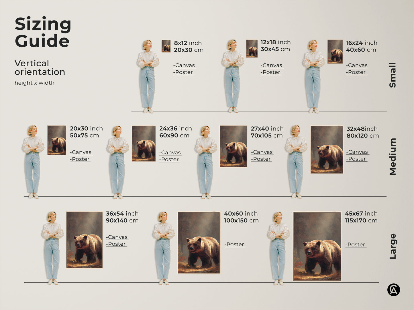 Sizing guide shows realistic bear artwork in various vertical orientations. Canvas and poster options are available. Find the perfect size for your space with this earthy tones animal print.