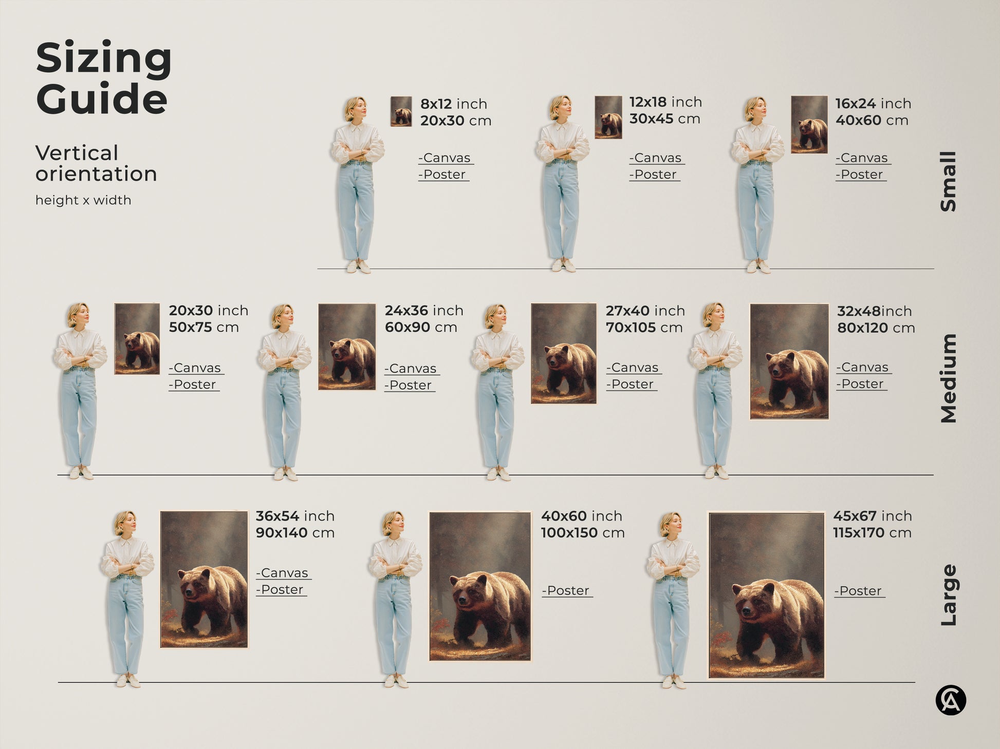 Sizing guide shows realistic bear artwork in various vertical orientations. Canvas and poster options are available. Find the perfect size for your space with this earthy tones animal print.