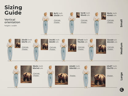 Sizing guide shows realistic bear artwork in various vertical orientations. Canvas and poster options are available. Find the perfect size for your space with this earthy tones animal print.
