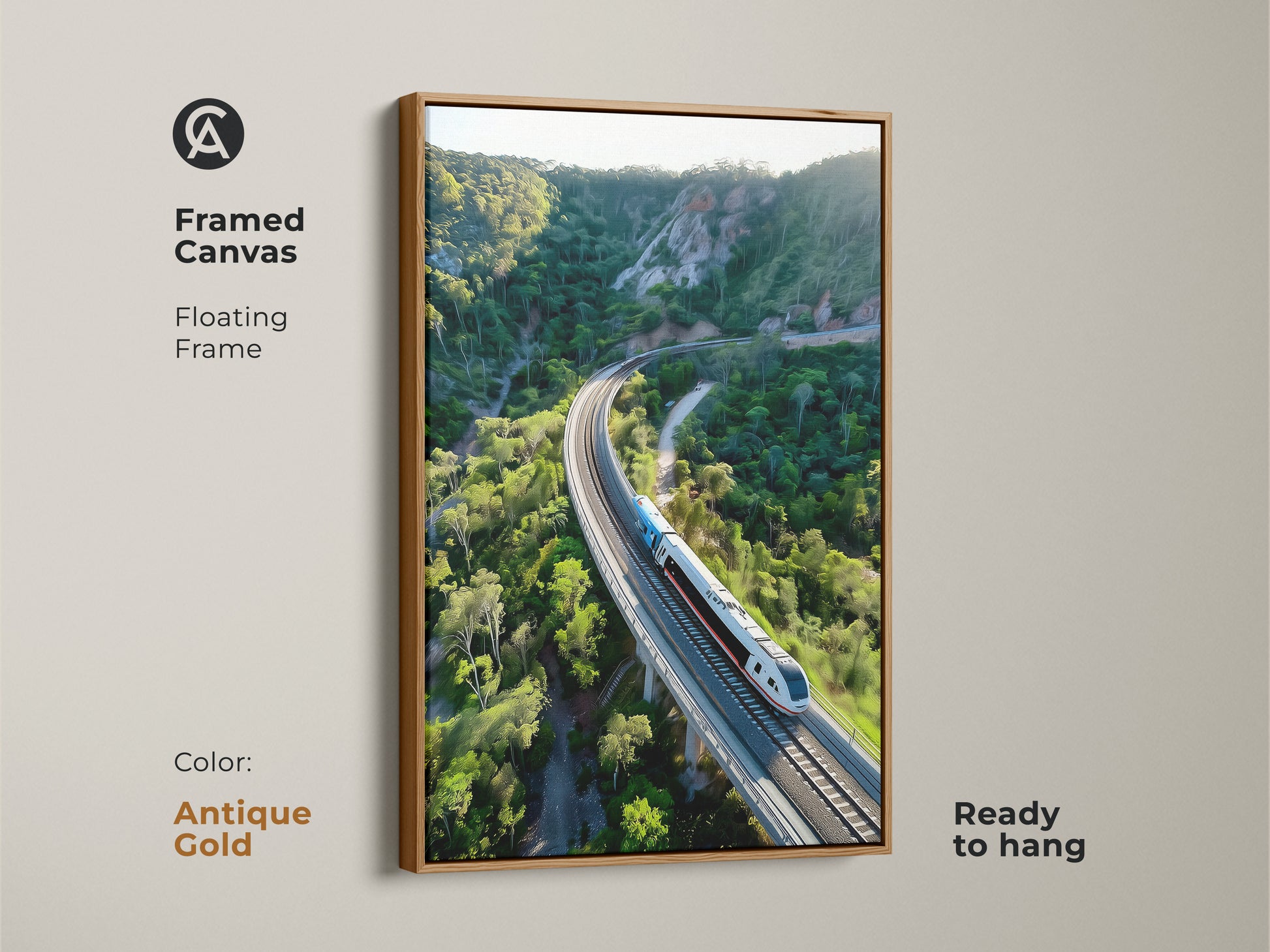 Add a touch of elegance with this framed canvas. The aerial train art features an antique gold floating frame. This contemporary travel artwork enhances any wall. The green mountain landscape brings nature indoors. This ready to hang piece is perfect for a sophisticated home or office decor.