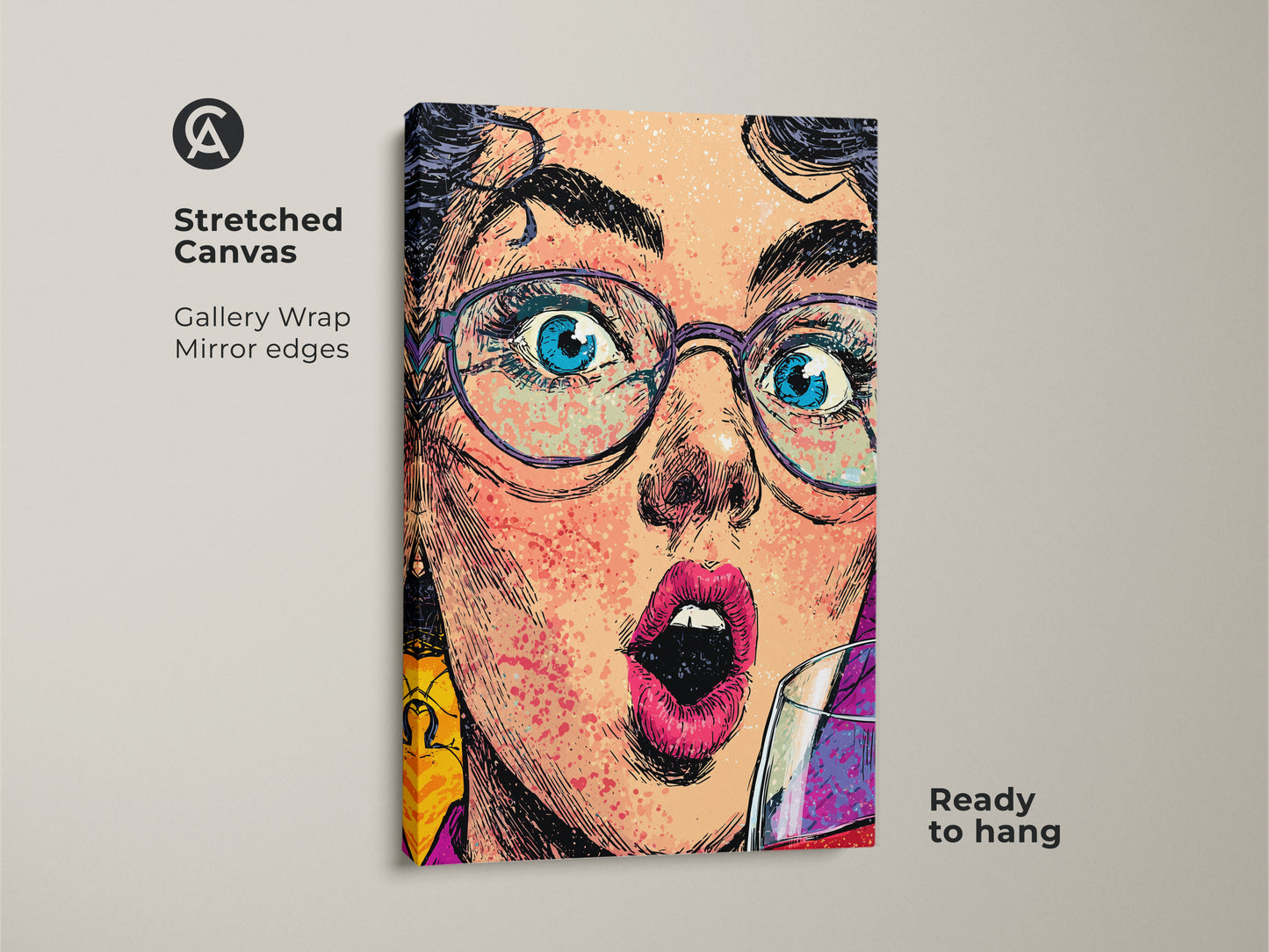 A stretched canvas gallery wrap of a pop art woman. The artwork shows bold blue red and pink colors. It's ready to hang with mirror edges. This eclectic bar decor is a unique wine lover gift. It adds a graphic face print to your modern home bar art.