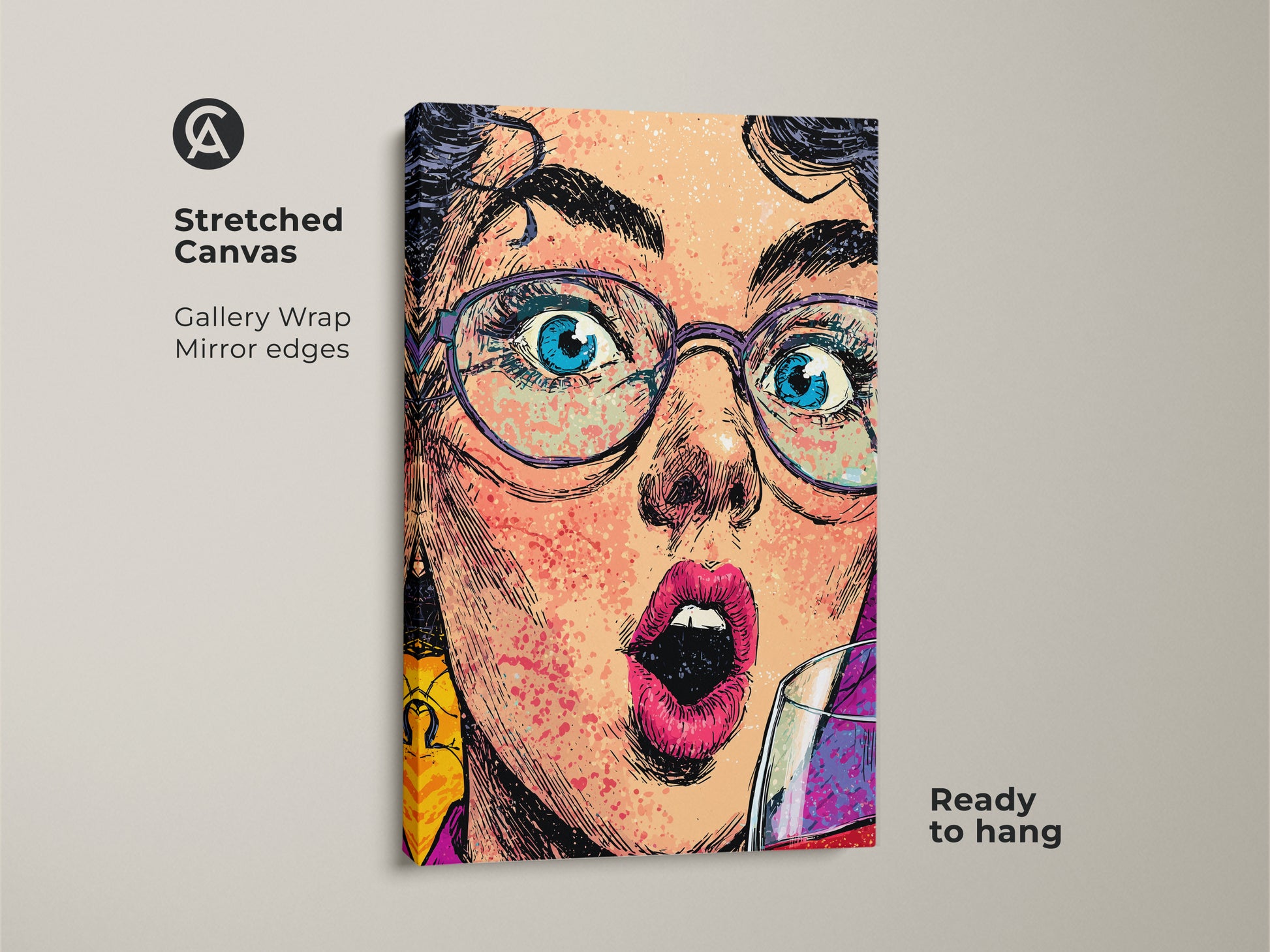 A stretched canvas gallery wrap of a pop art woman. The artwork shows bold blue red and pink colors. It's ready to hang with mirror edges. This eclectic bar decor is a unique wine lover gift. It adds a graphic face print to your modern home bar art.
