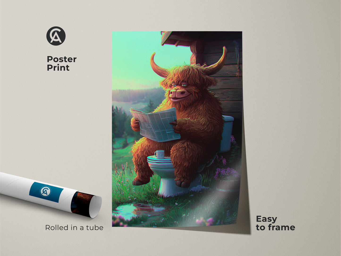 This poster print features a funny Highland cow reading a newspaper. The whimsical animal art adds charm to any room. Easy to frame this quirky cow poster is rolled in a tube. It makes a unique housewarming gift.