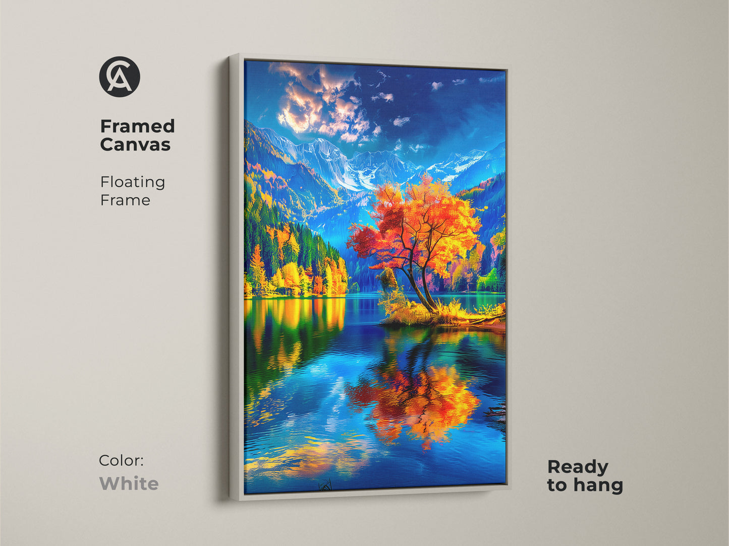 Brighten your space with this framed canvas art. The white floating frame highlights a vibrant autumn landscape. A colorful orange tree stands out against the serene lake and snow-capped mountains. Ready to hang this piece adds a fresh touch to any room. Buy now and enhance your home decor.