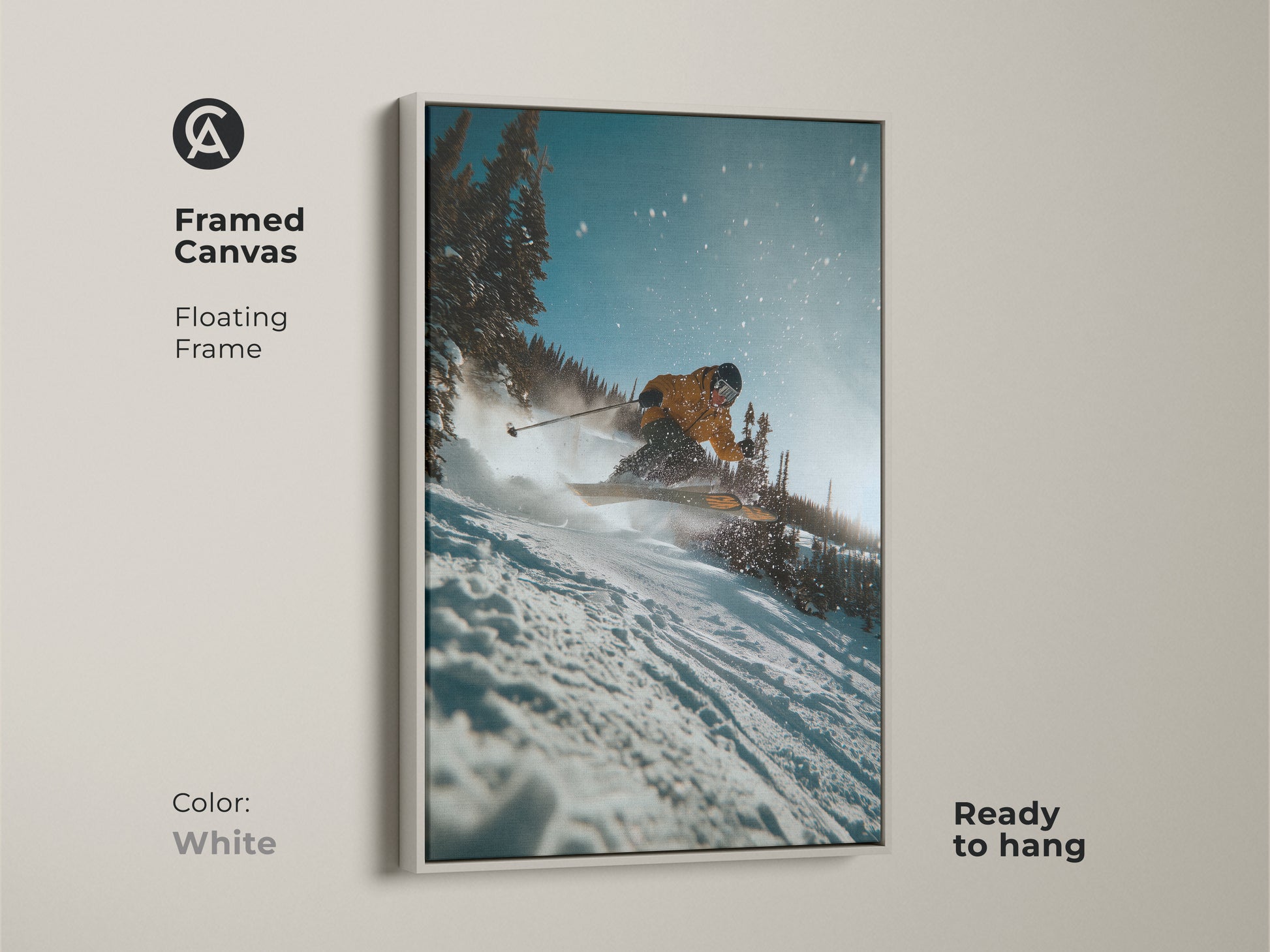 Brighten your home with framed ski art. This canvas print captures a skier in action. The white frame adds a clean modern look. It is ready to hang and enjoy in your home. Transform your space with this vibrant piece