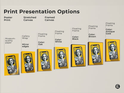 Print presentation options for the pop art woman megaphone print. See the artwork as a poster print stretched canvas or framed canvas. Choose from colors like oak white black brown and antique gold.