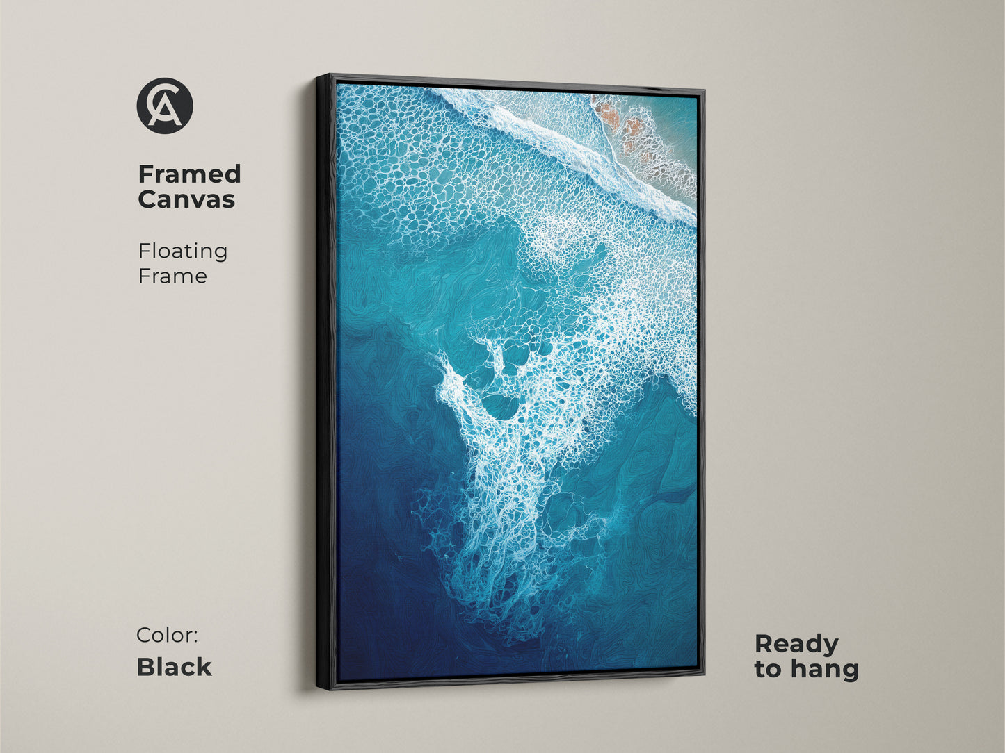 Framed canvas floating frame in black showcases deep blue ocean wave art. This turquoise aerial view artwork enhances any room. Ready to hang this coastal wall art decor is perfect. Beach lovers will adore this modern abstract seafoam art. Abstract seascape painting for your home.