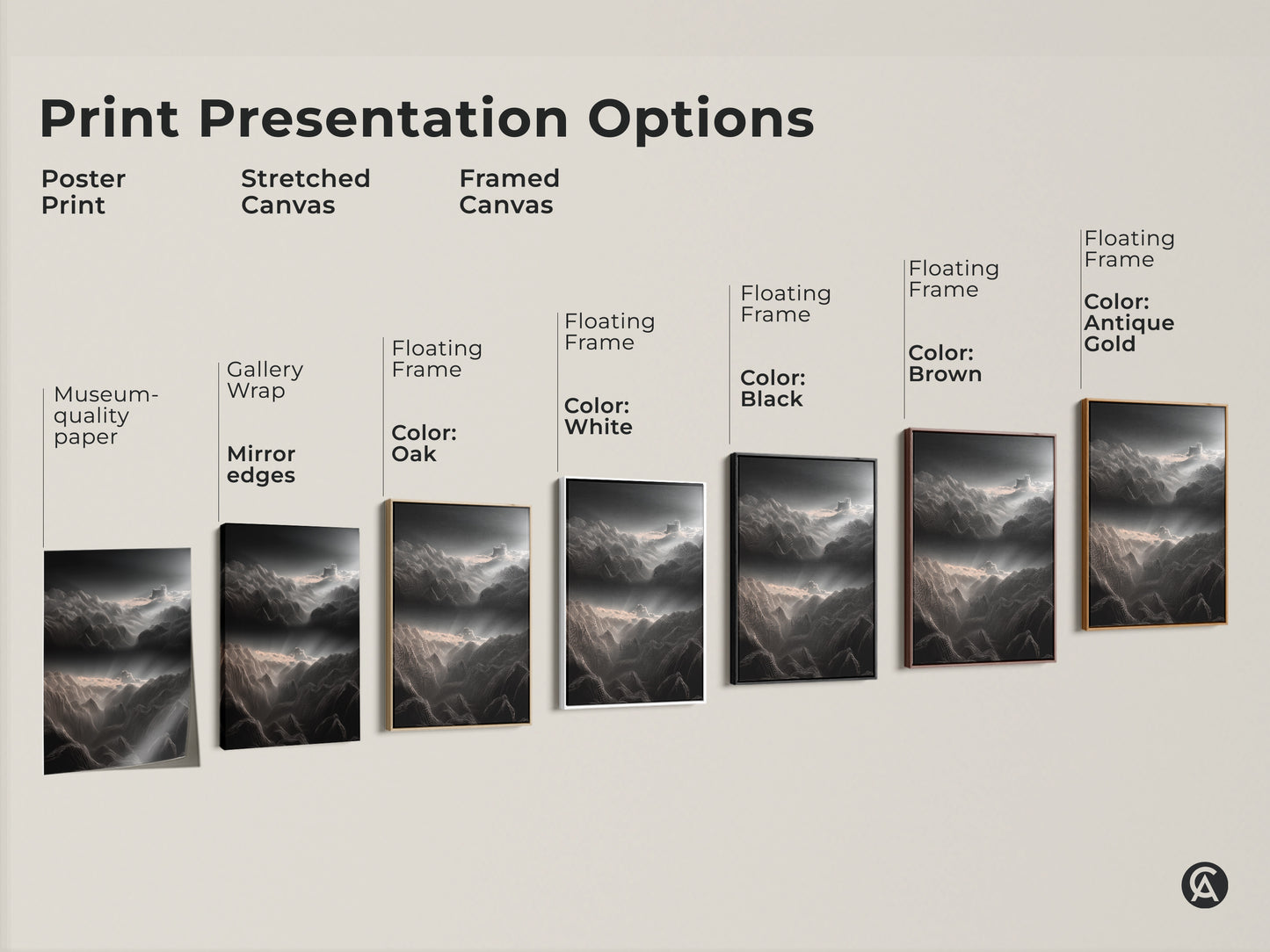 Explore print presentation options for minimalist landscape line art. Choose from poster prints stretched canvas or framed canvas. Various floating frame colors available for dark gray and white mountain artwork.
