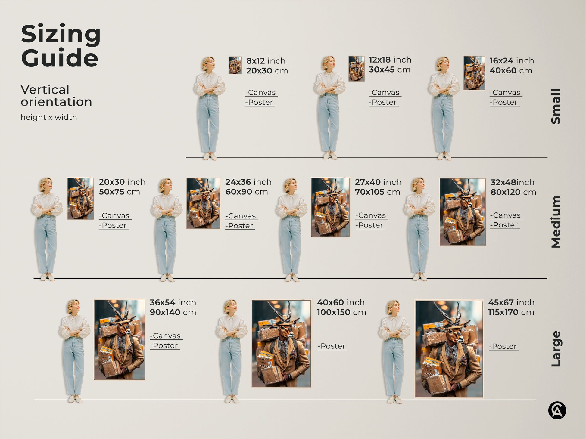 Find your perfect size with this sizing guide for a surreal gazelle man art print. Visualize the animal portrait in various sizes for canvas and poster options. Choose a small medium or large format to suit your space. Add a unique touch with this contemporary surreal art.