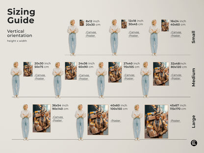Find your perfect size with this sizing guide for a surreal gazelle man art print. Visualize the animal portrait in various sizes for canvas and poster options. Choose a small medium or large format to suit your space. Add a unique touch with this contemporary surreal art.