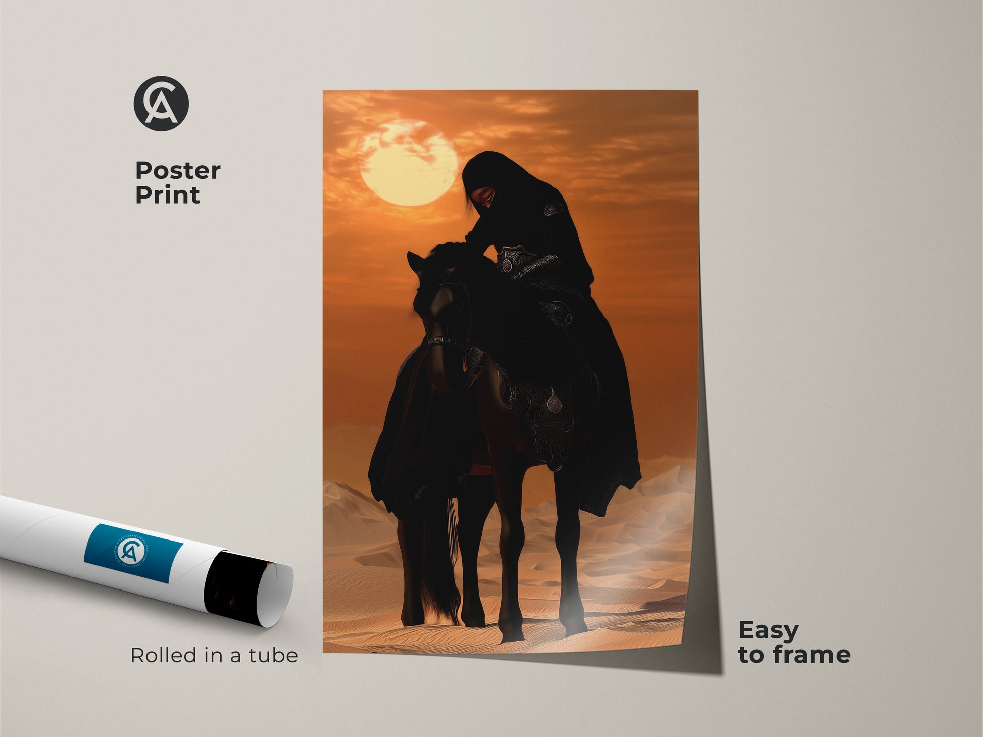 Arabic horse artwork. This poster print is easy to frame. It features a Desert Rider on an Arabian Horse. The black and sand art brings adventure to any space. It makes a thoughtful equestrian gift.