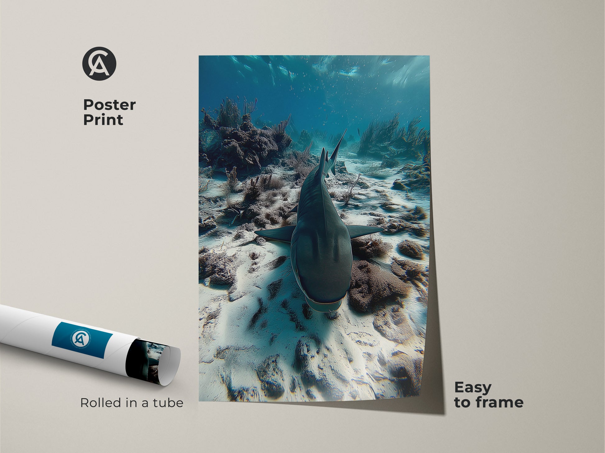 Poster print featuring a shark swimming above a coral reef. The photorealistic ocean print arrives rolled in a tube and is easy to frame. This teal marine life canvas is ideal for study room or office decor. This nautical wall art print makes a unique gift for ocean enthusiasts.