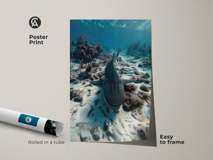 Poster print featuring a shark swimming above a coral reef. The photorealistic ocean print arrives rolled in a tube and is easy to frame. This teal marine life canvas is ideal for study room or office decor. This nautical wall art print makes a unique gift for ocean enthusiasts.