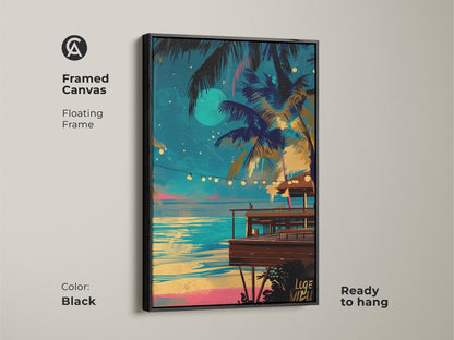 Framed tropical artwork in a brown floating frame. Canvas art shows a beach bar night scene. The teal blue and yellow aesthetic creates a relaxing atmosphere. Ready to hang this boho coastal wall decor brings an ocean view to your space. Perfect as a housewarming gift for beach lovers. It is a vibrant palm tree print.