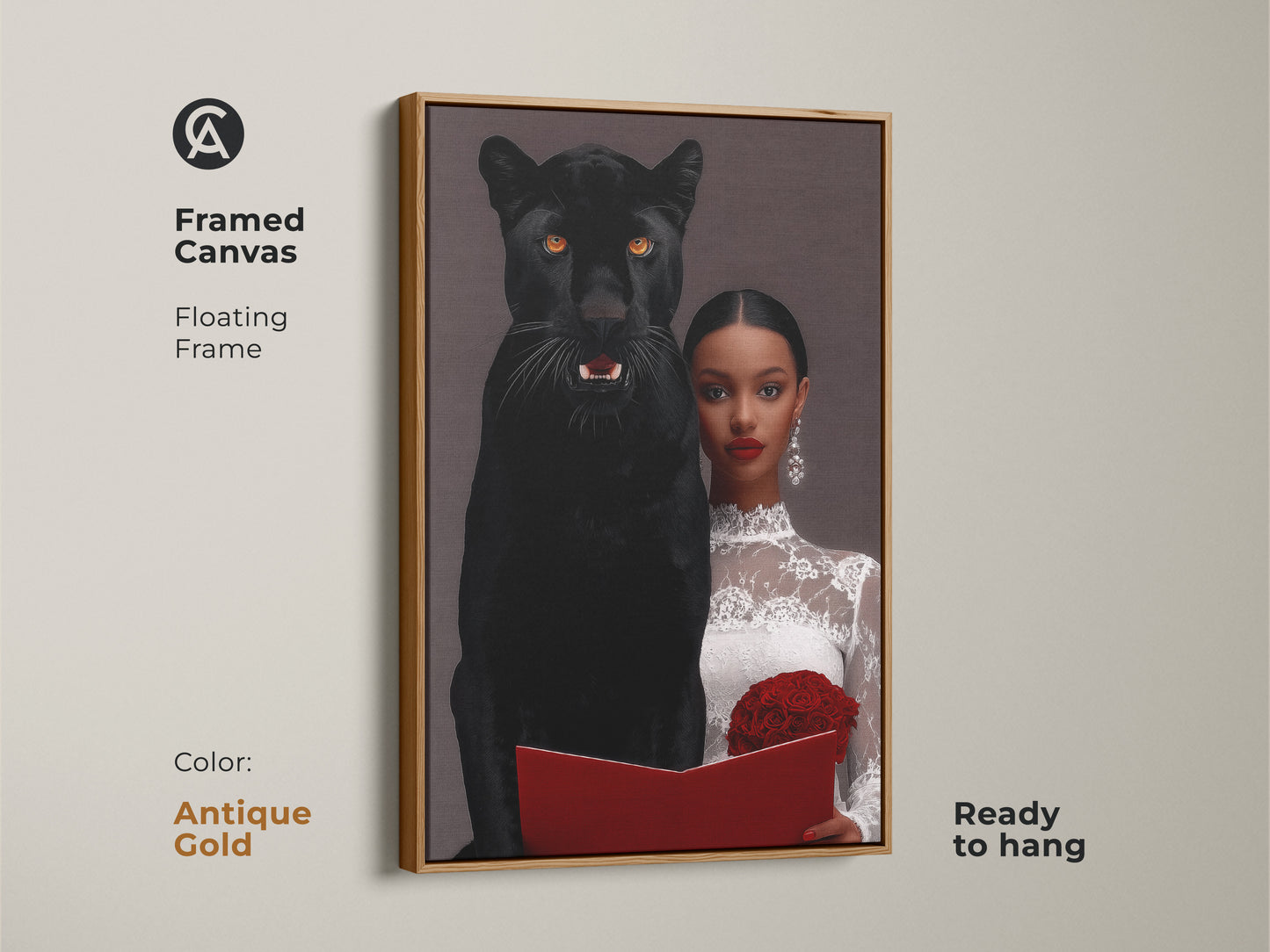 A framed canvas art print with a floating frame in antique gold. Ready to hang surrealist artwork of a woman with a black panther. This eclectic home decor art has a dark aesthetic. A unique gift for symbolism lovers.  Features photorealism animal art.